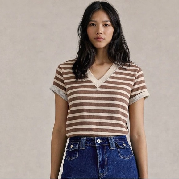 Sanctuary Tops - Sanctuary Striped V-Neck Short Sleeve Tee - Brown & Cream